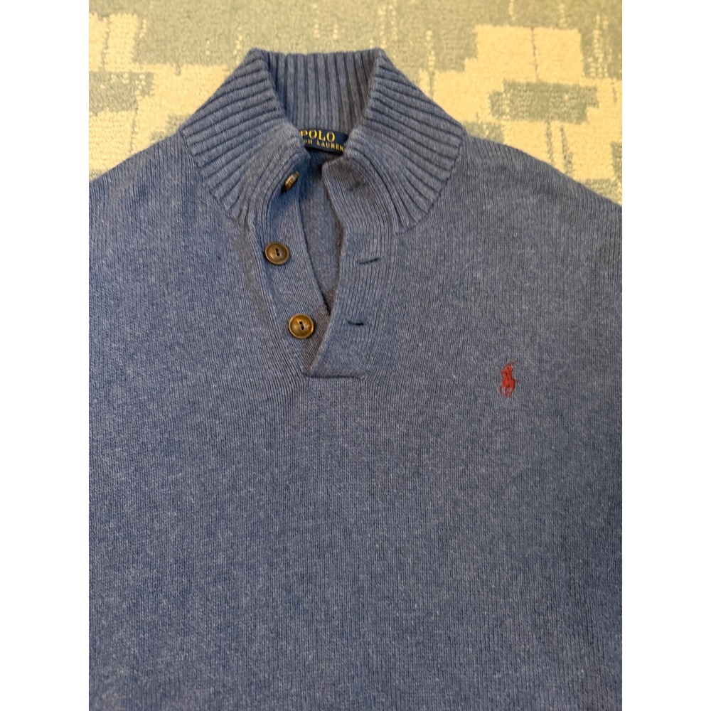 Polo Ralph Lauren Mens XL Blue Heather 3-Button Mock Neck Pony Logo Sweater
